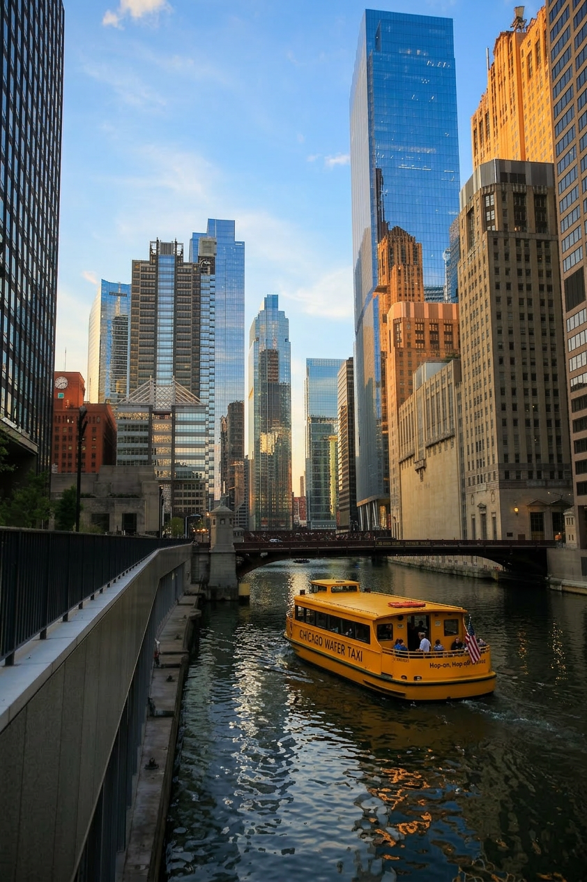 Yellow Chicago water taxi cruising on the river between tall glass skyscrapers in downtown Chicago